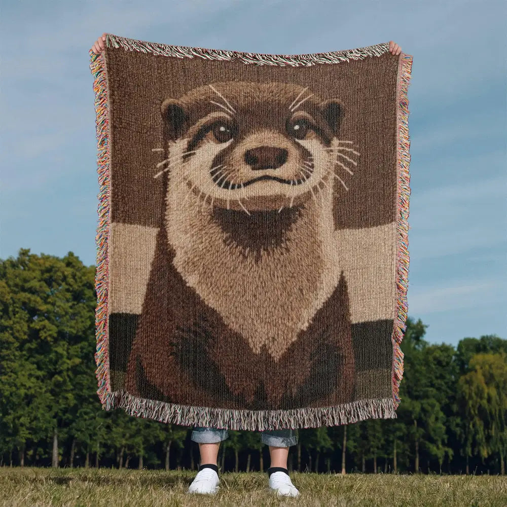 Otter woven blanket with textured otter portrait and fringed edges