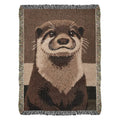 Otter woven blanket with detailed brown beige otter portrait and multicolored fringe