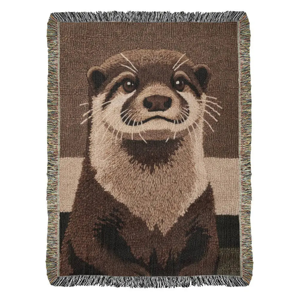 Otter woven blanket with detailed brown beige otter portrait and multicolored fringe