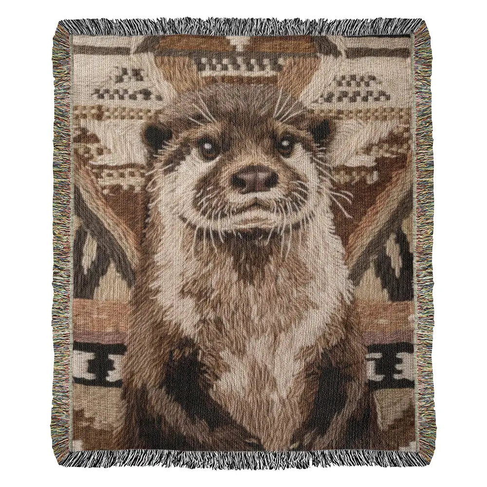 Detailed brown beige otter woven blanket, wildlife throw with geometric patterns