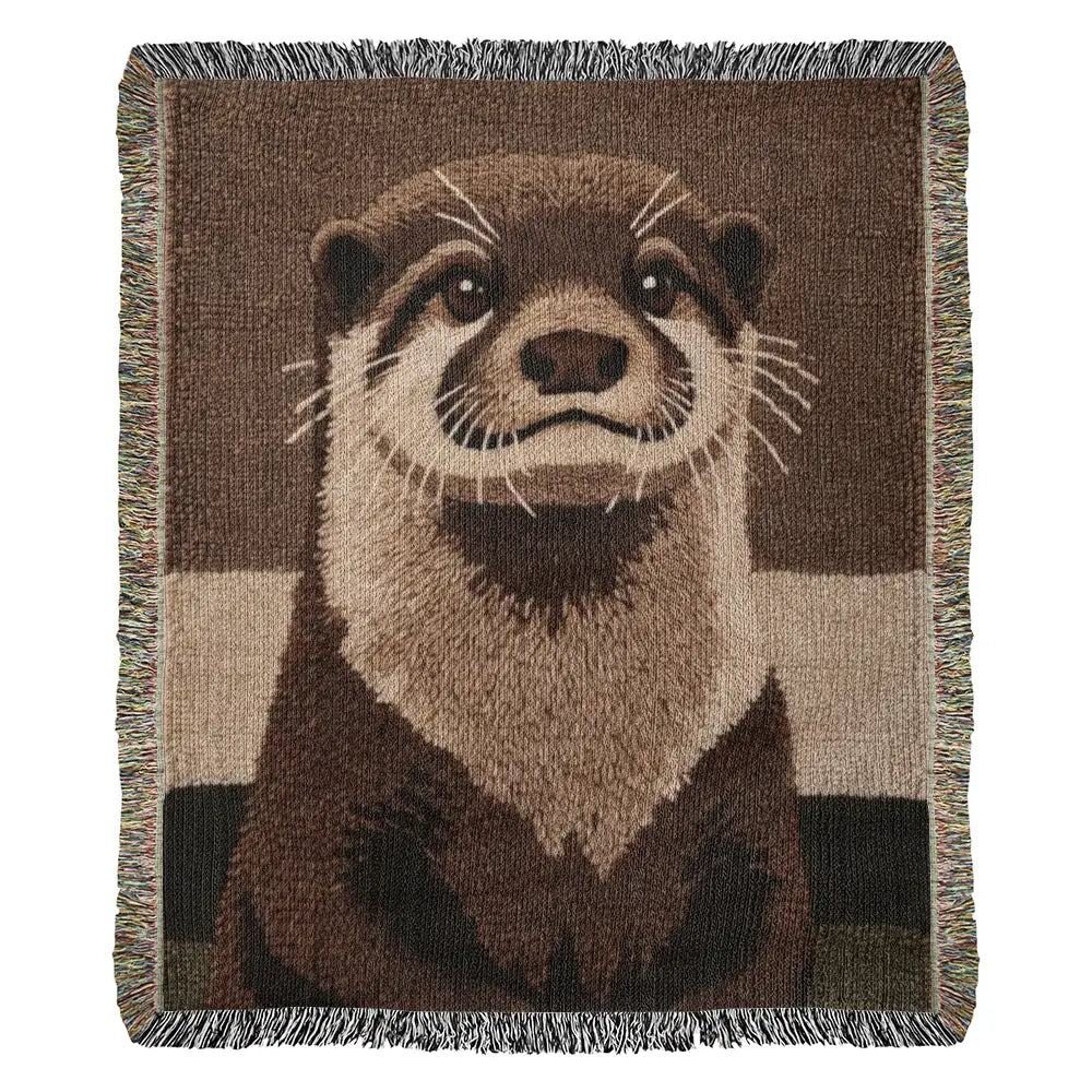 Brown and beige otter woven blanket with embroidered otter portrait and fringed edges