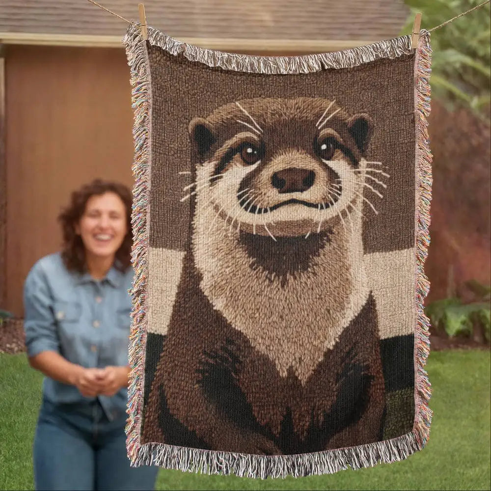 Brown and cream otter woven blanket, wildlife throw with fringed edges