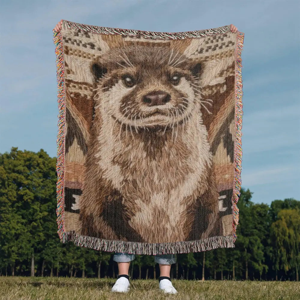 Otter woven blanket with detailed brown beige otter, fringed wildlife throw