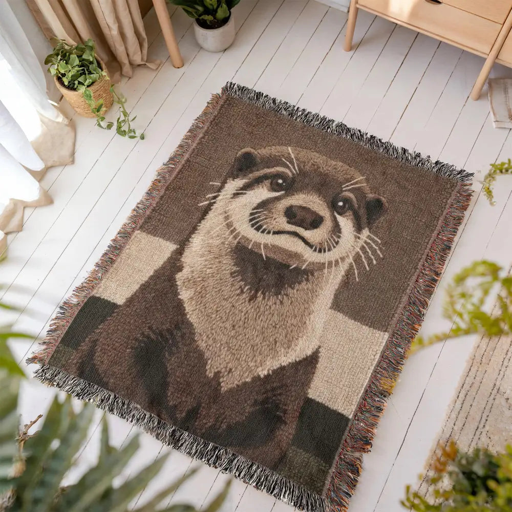 Cozy otter woven blanket with wildlife throw design and fringed edges