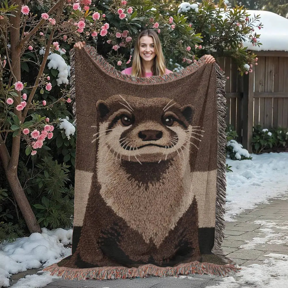 Cozy otter woven blanket with textured wildlife throw design and fringed edges