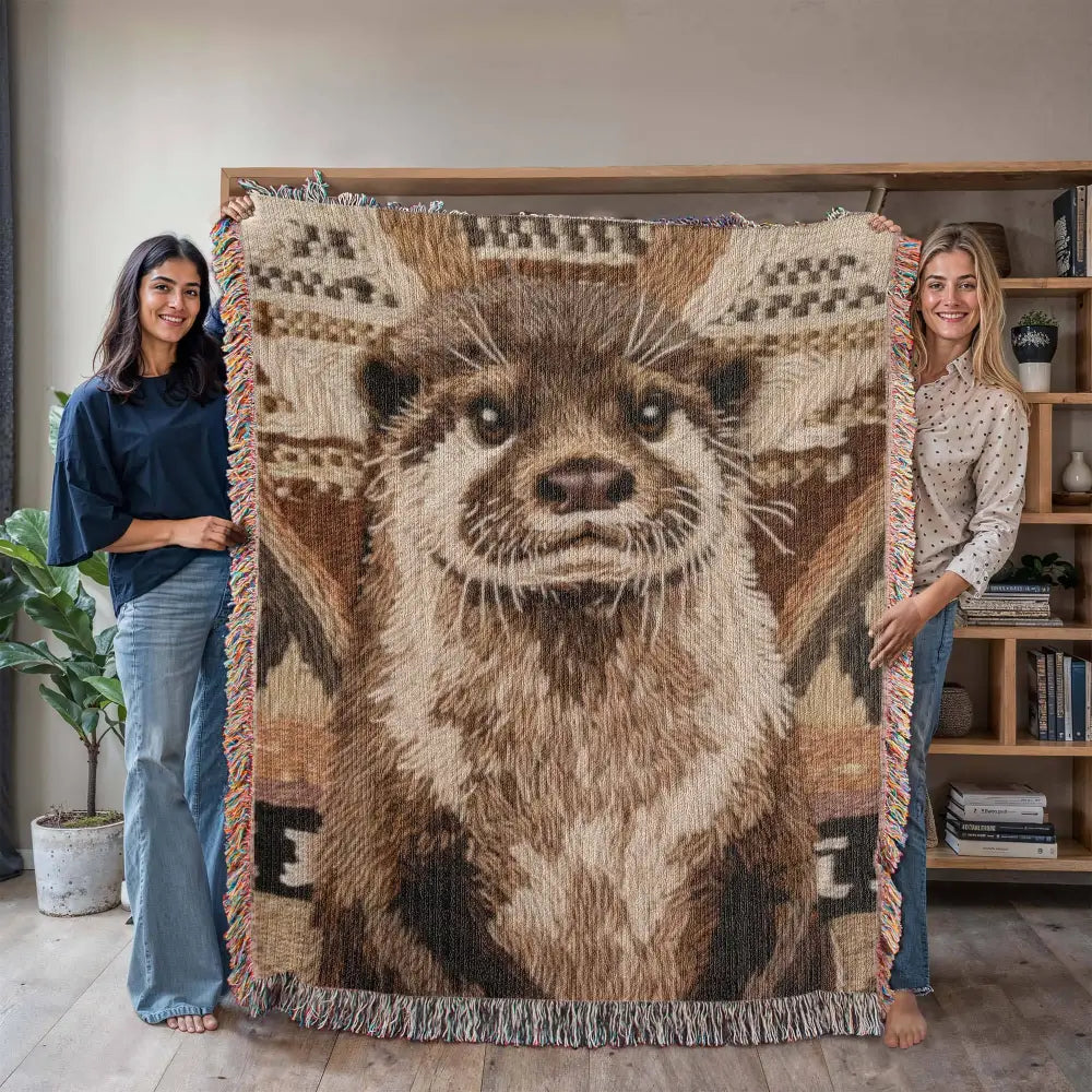 Cozy otter woven blanket, wildlife throw with fringe for nature lover gifts