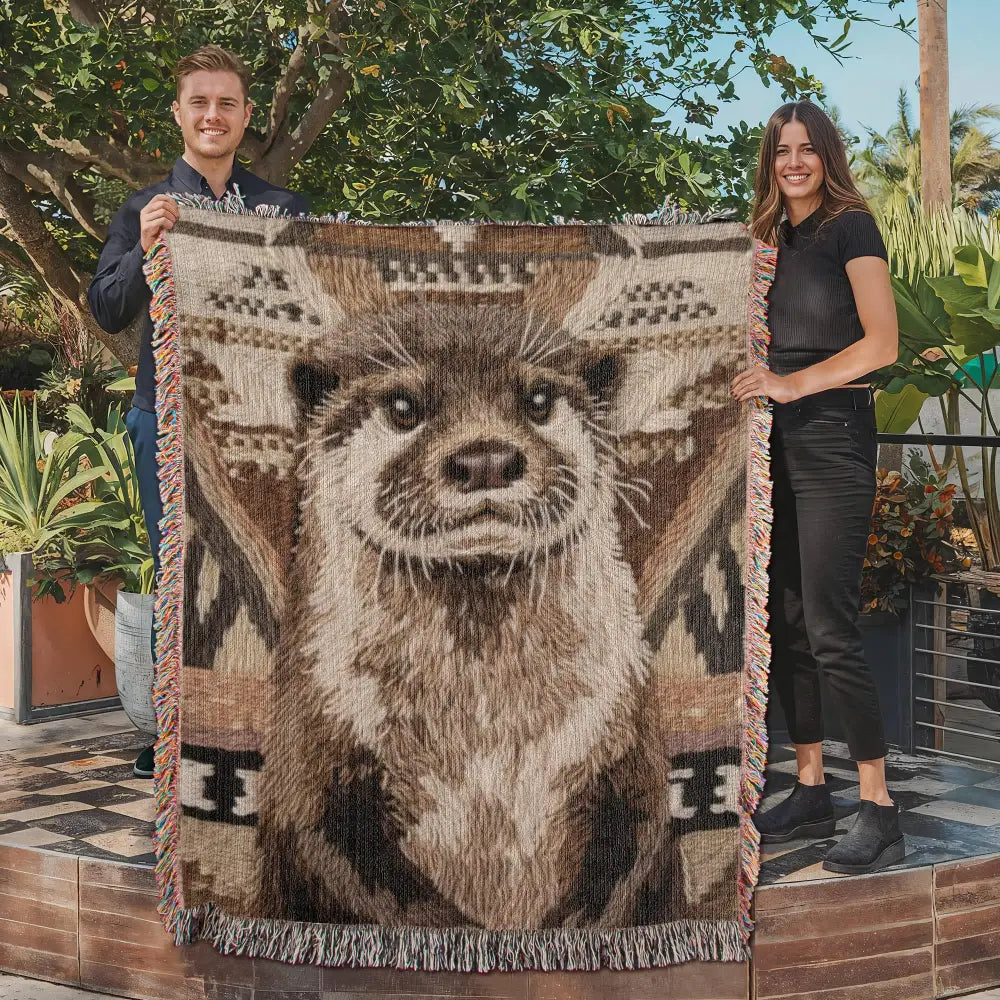 Cozy otter woven blanket with wildlife portrait and fringe edges