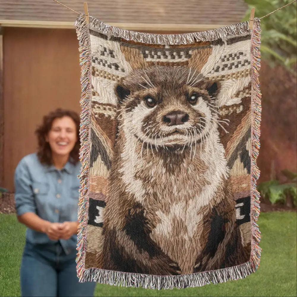 Otter woven blanket with detailed brown otter tapestry and fringe