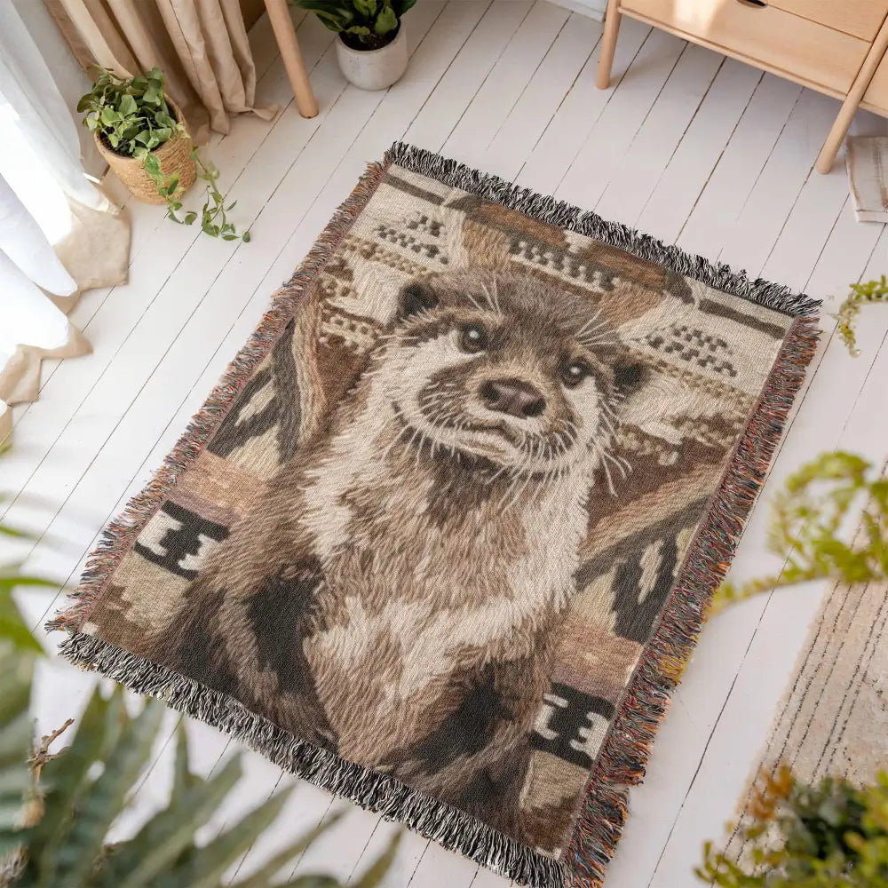 Otter woven blanket with detailed textured otter in earthy tones and fringe
