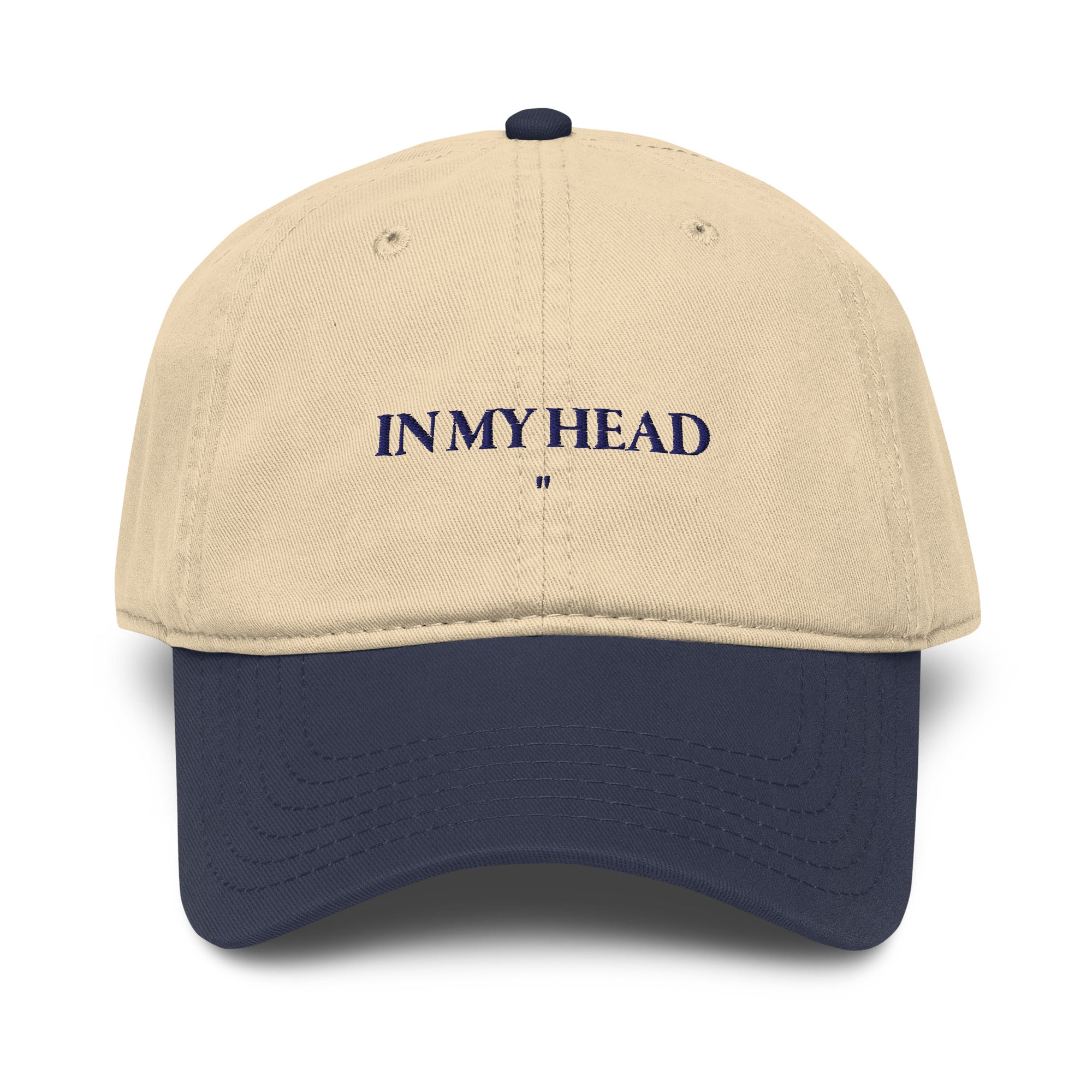 Beige and navy blue head embroidered cap with In My Head text