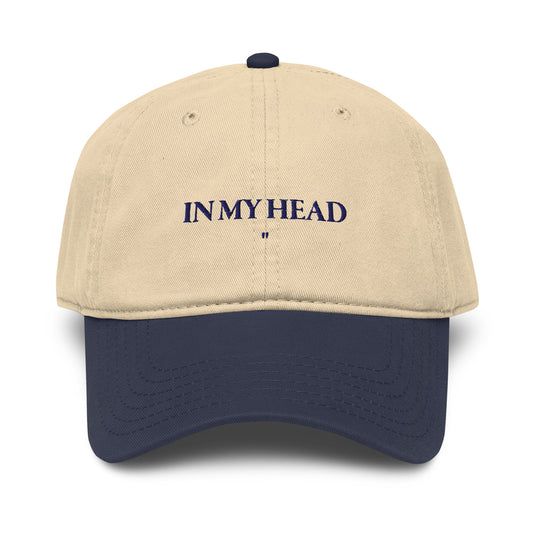 Beige and navy blue head embroidered cap with In My Head text