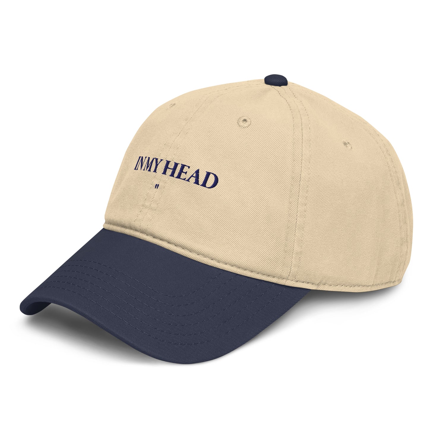 Beige and navy head embroidered cap with In My Head design