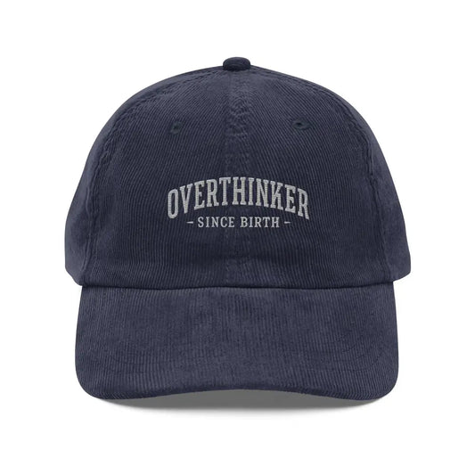 Overthinker embroidered corduroy cap navy baseball hat by Trini Skies