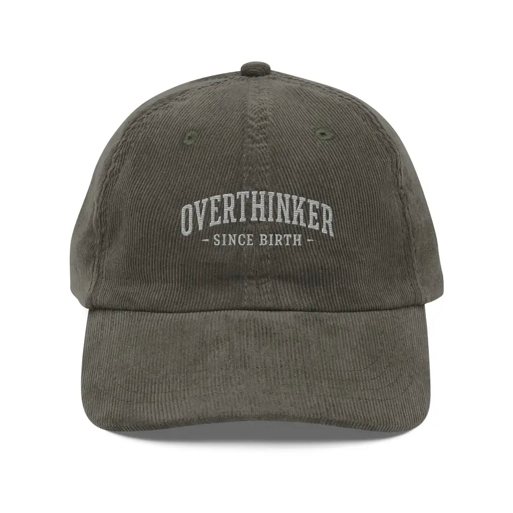 Trini Skies overthinker corduroy hat in dark olive green with white embroidery
