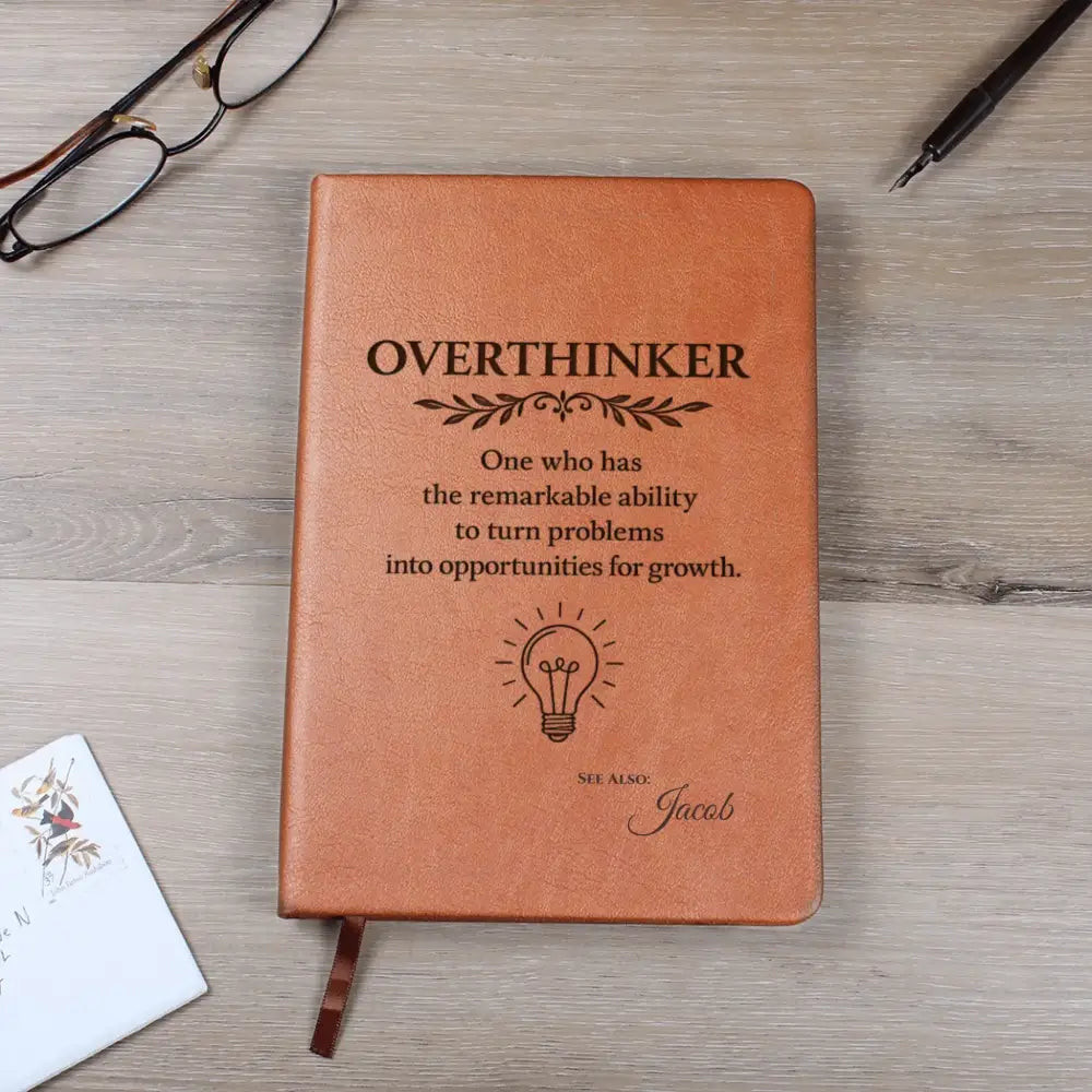 Custom Vegan Leather Overthinker Journal with Brown Cover and Ribbon Bookmark