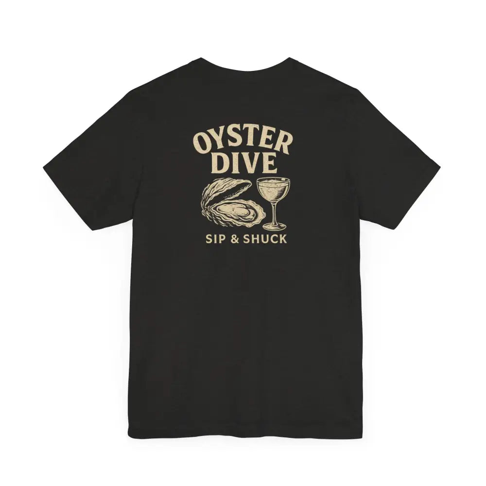Oyster Dive black tee with oyster and wine glass graphic by Trini Skies Supply