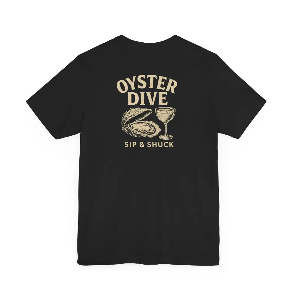 Black T-shirt with oyster and cocktail graphic from Trini Skies Supply Oyster Dive collection