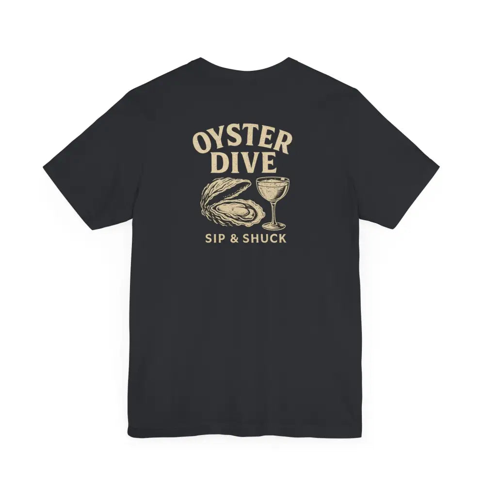 Black Oyster Dive Tee by Trini Skies Supply with oyster and wine graphic