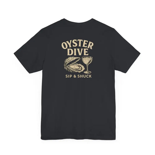 Black T-shirt from Trini Skies Supply with Oyster Dive wine glass graphic