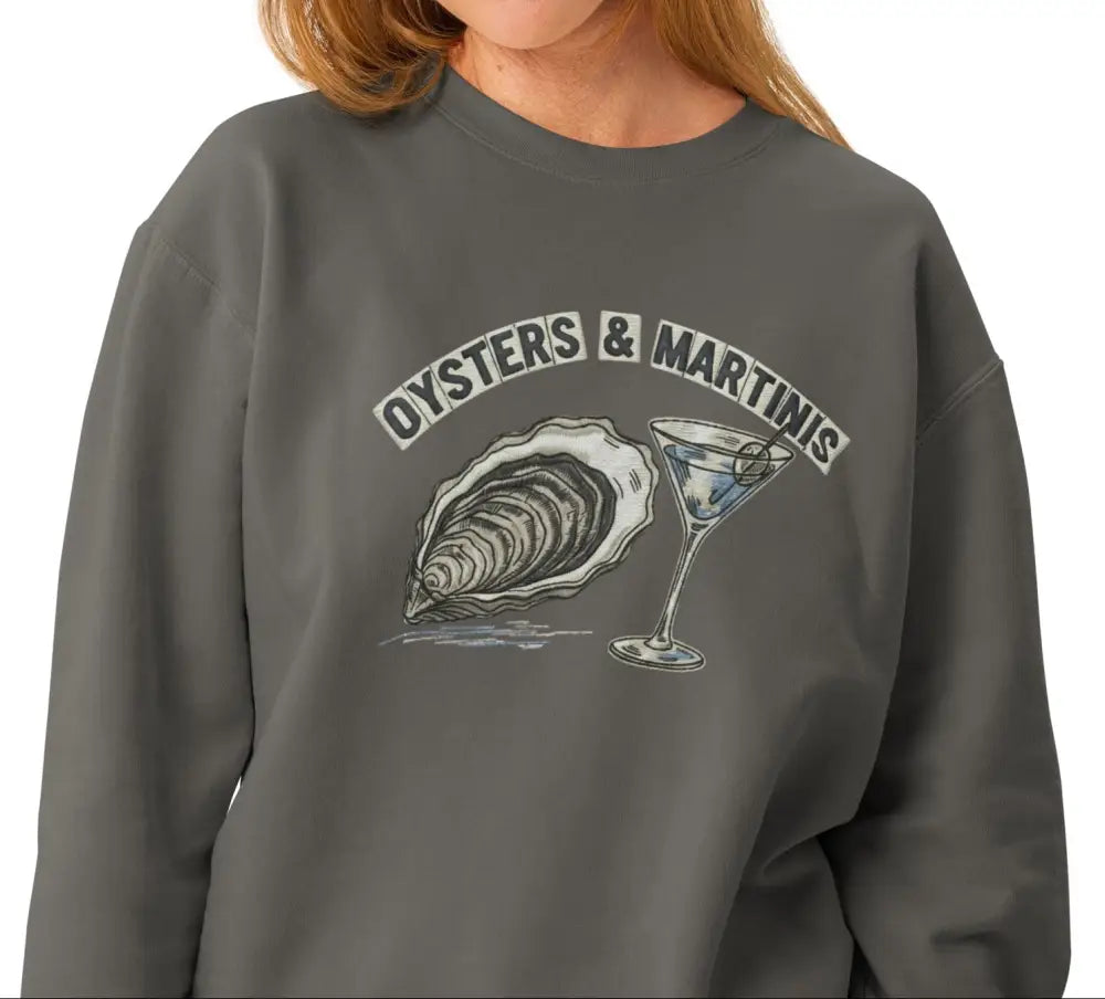 Coastal crewneck sweatshirt with charcoal gray oysters and martinis graphic