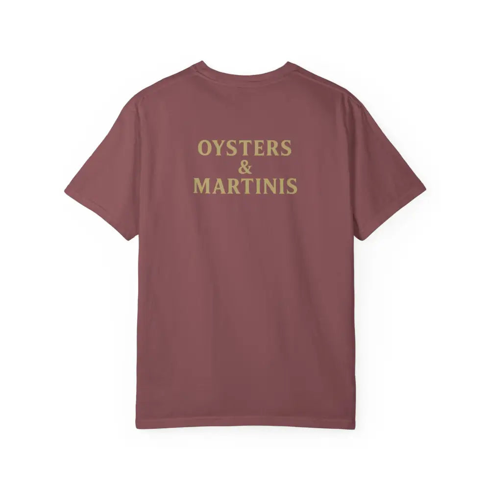 Short-sleeved maroon Comfort Colors tee with Oysters Martinis Dockside Club design