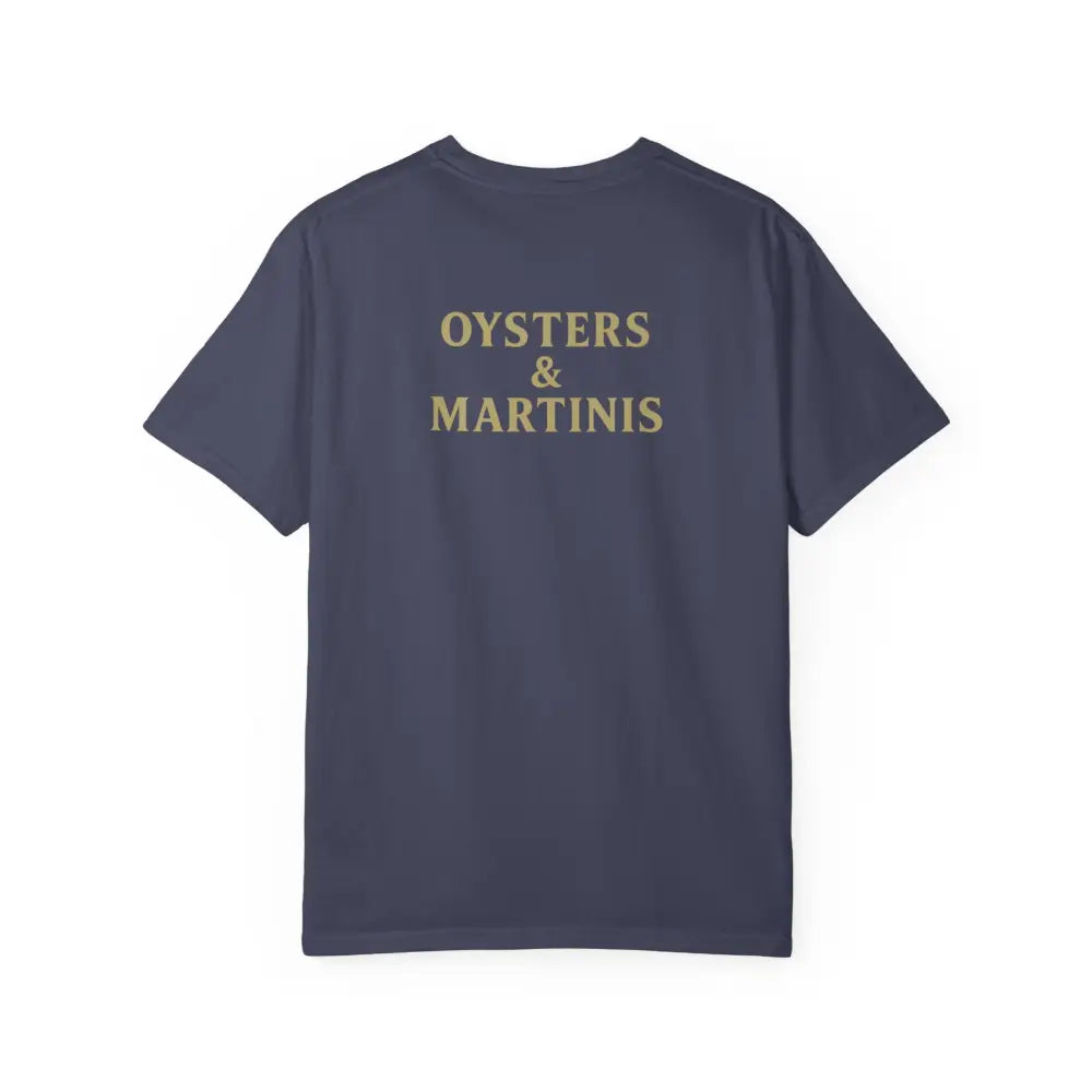 Navy blue Comfort Colors Tee with Oysters & Martinis Dockside Club print