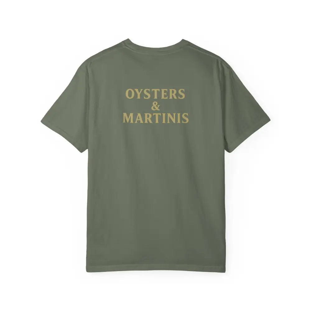 Olive green Comfort Colors Tee with Oysters Martinis Dockside Club print