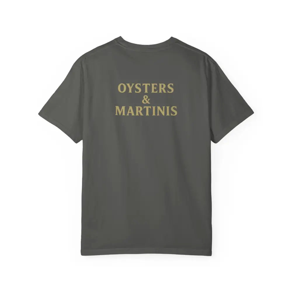 Dark gray Comfort Colors Tee with Dockside Club oysters and martinis gold text