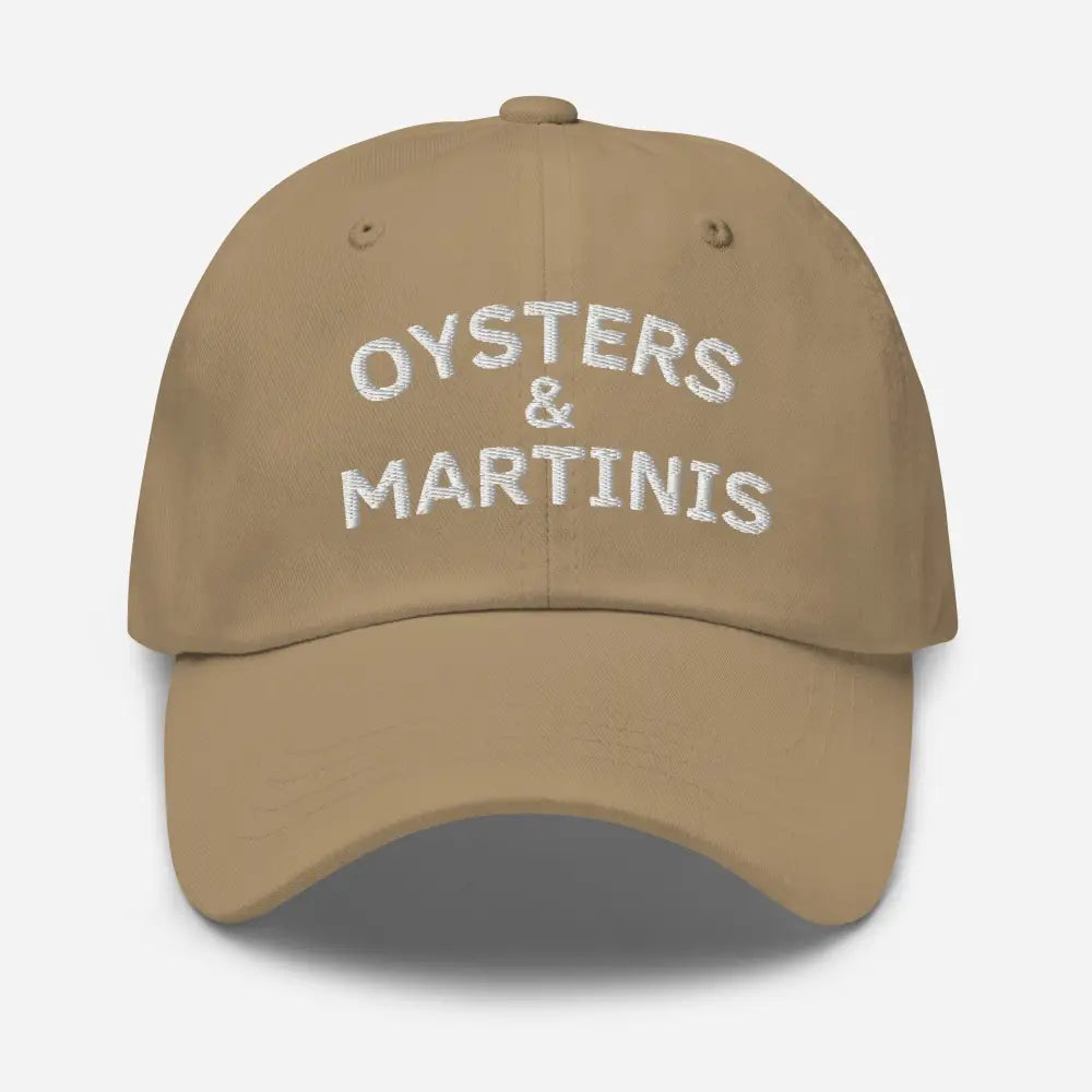 Tan Embroidered Dad Hat with Oysters and Martinis Design