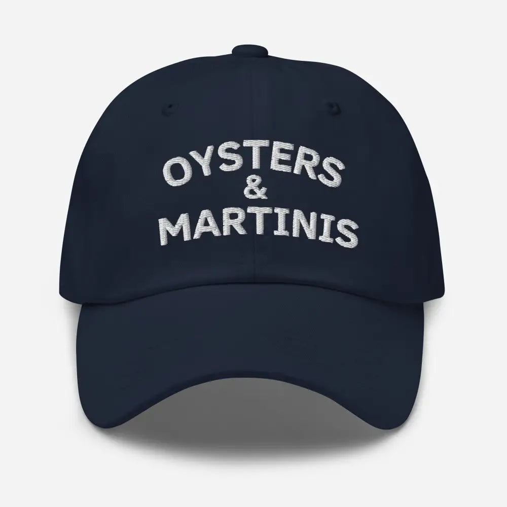 Navy blue embroidered dad hat with Trini Skies text