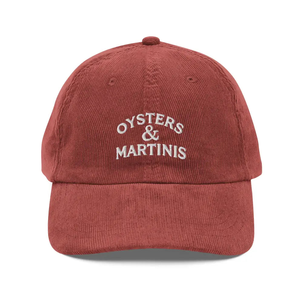 Red corduroy baseball cap with Oysters & Martinis embroidery