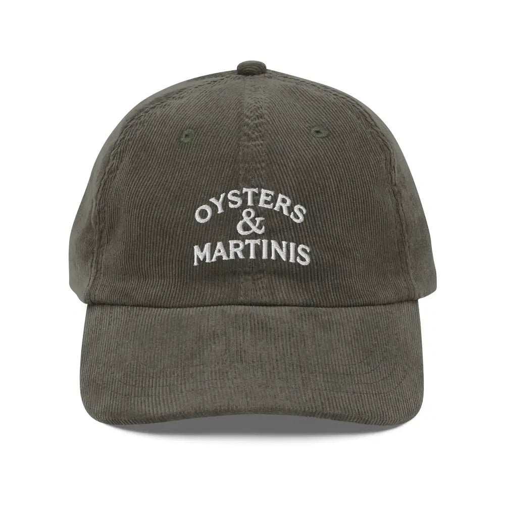 Olive green embroidered corduroy cap with Oysters Martinis design