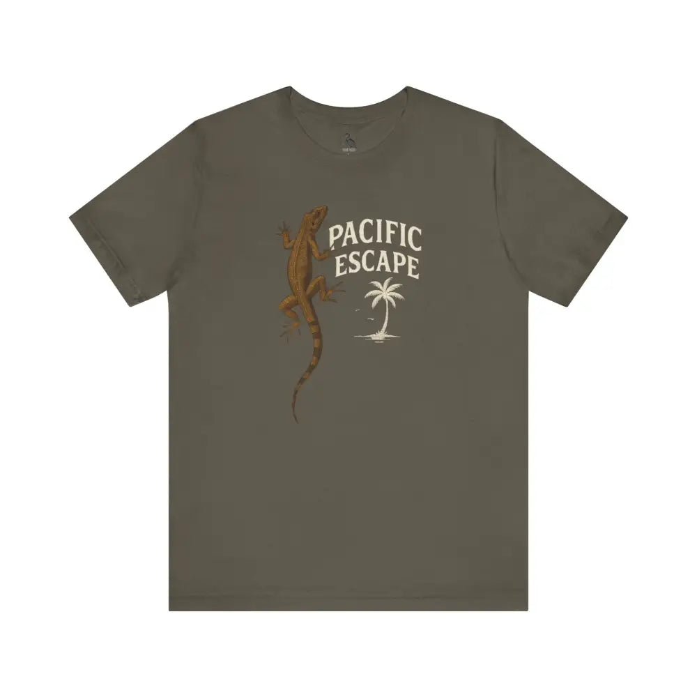 Pacific Escape Lizard Adventure Tee in olive green with lizard graphic, Trini Skies