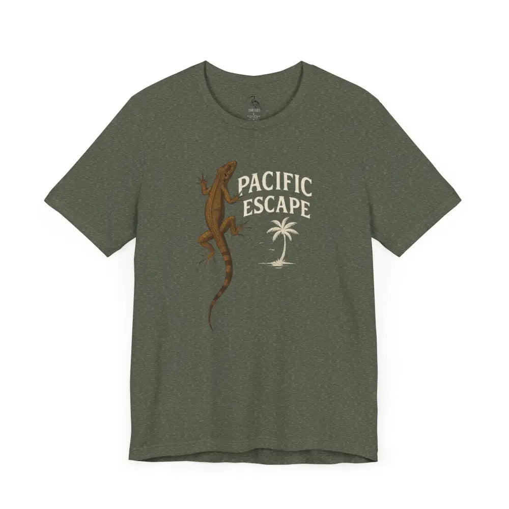 Pacific Escape Lizard Adventure graphic tee in olive green with lizard and palm tree design from Trini Skies