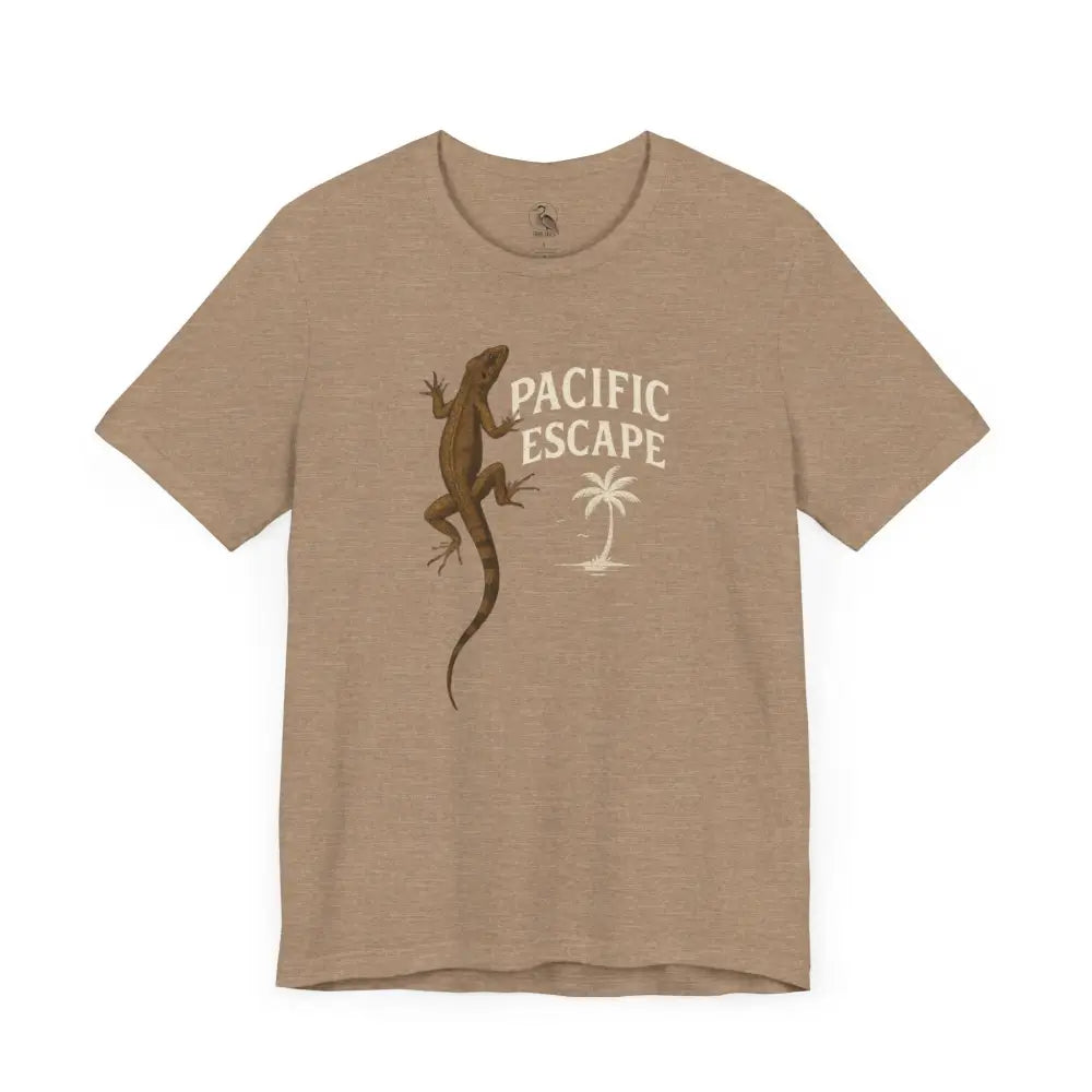 Tan short-sleeved Pacific Escape Lizard Adventure Tee by Trini Skies