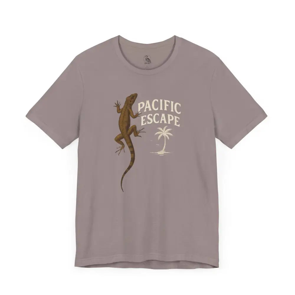 Pacific Escape Lizard Adventure Tee in muted purple with Trini Skies palm tree graphic