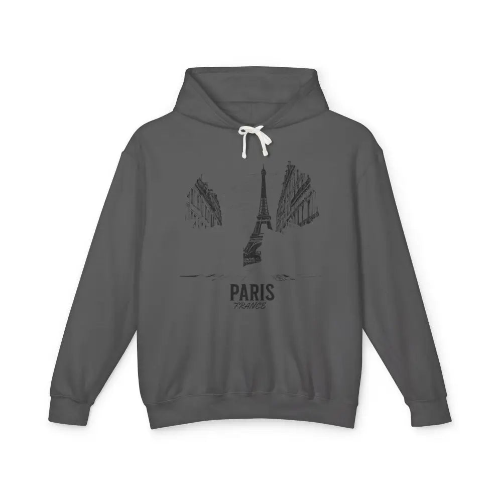 Dark gray Paris France hoodie with black Eiffel Tower graphic