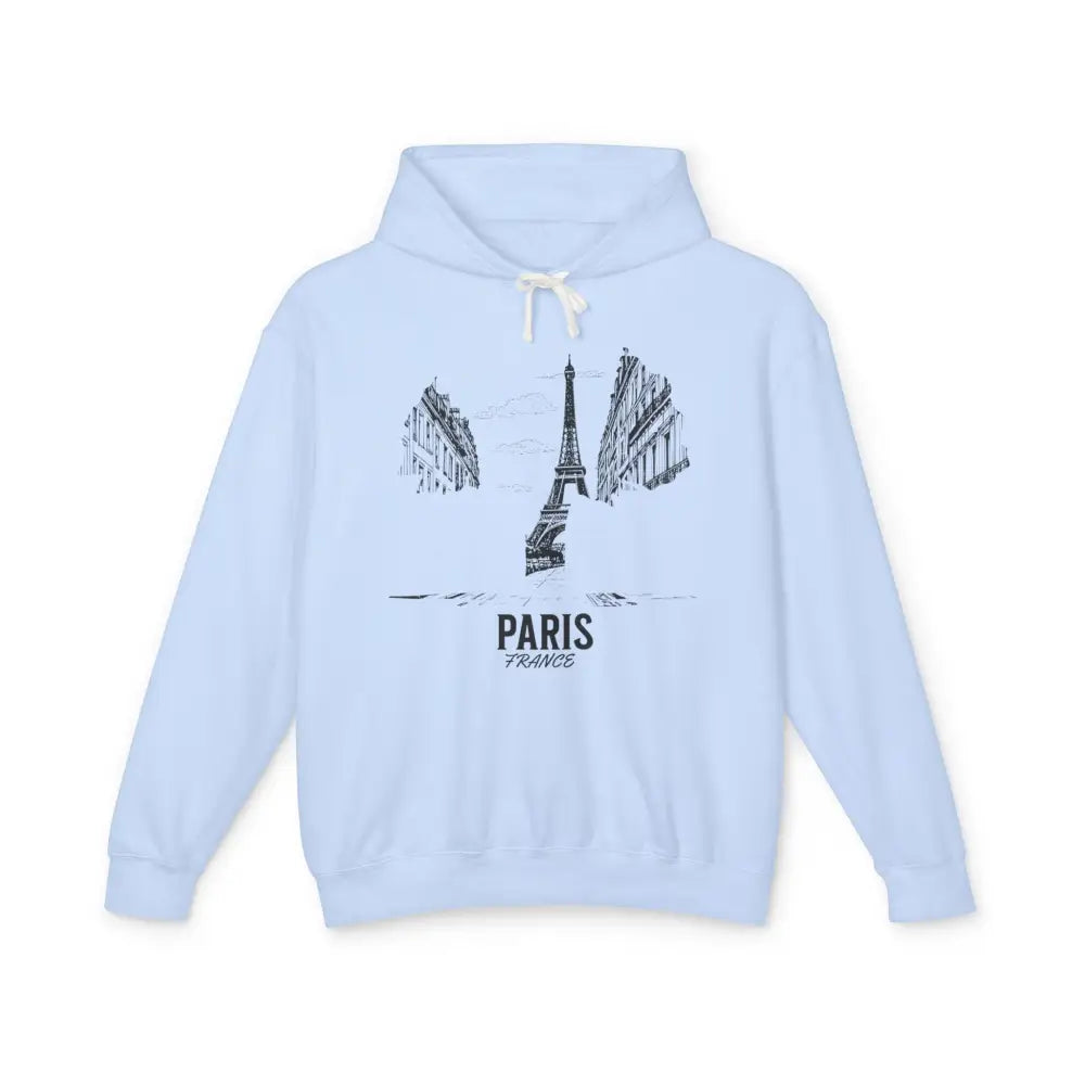 Light blue Paris France hoodie with Eiffel Tower sketch, perfect for Trini Skies fans