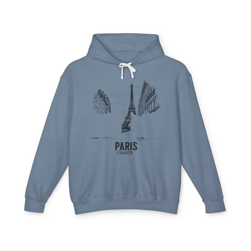 Light blue Paris France hoodie with black Eiffel Tower graphic