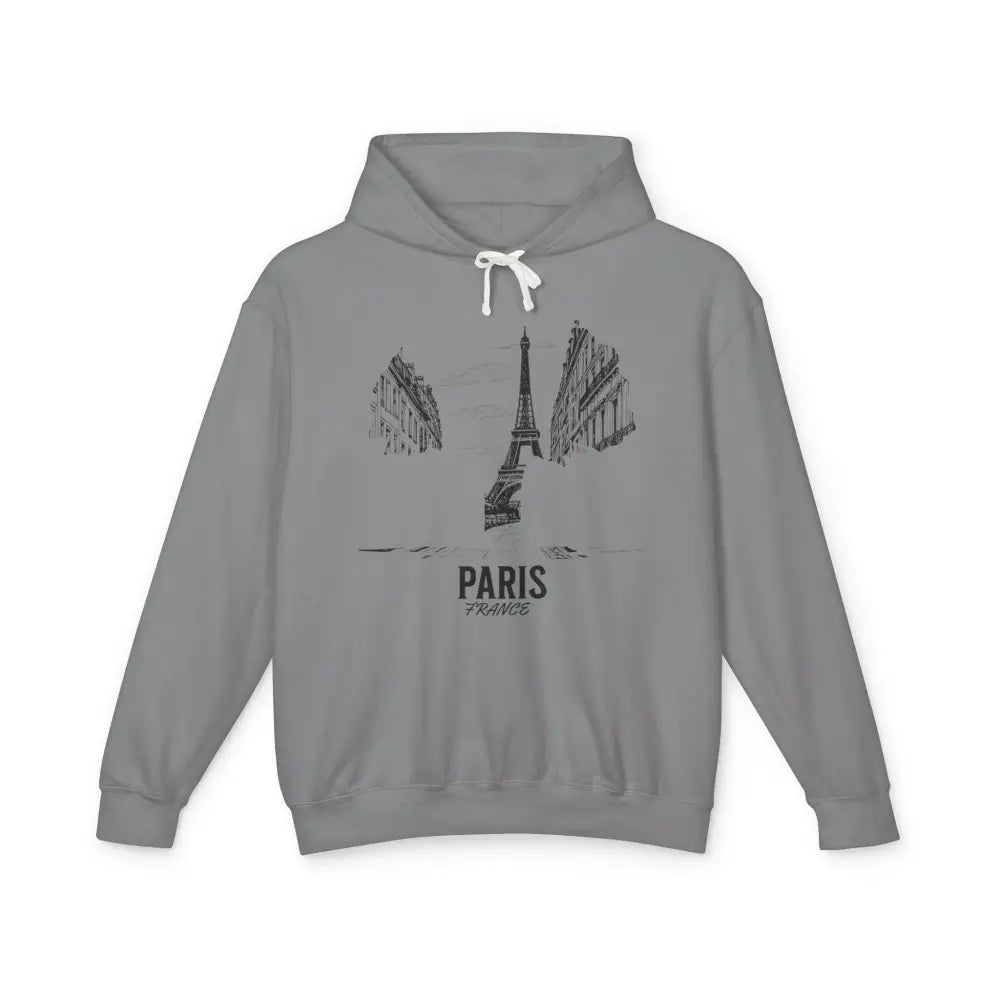Gray Paris France Hoodie with Eiffel Tower sketch and Parisian buildings design