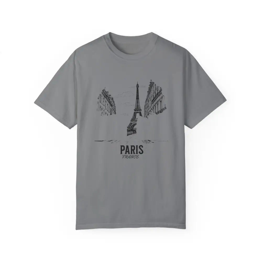 Grey Paris France T-Shirt with Eiffel Tower and Parisian buildings graphic for French culture