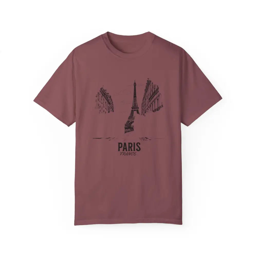 Maroon Paris France T-Shirt with Eiffel Tower and Parisian buildings graphic, perfect for French culture fans