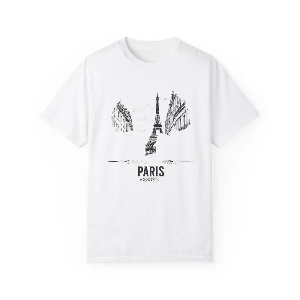 White Paris France T-Shirt with Eiffel Tower and Parisian street scene design for French culture