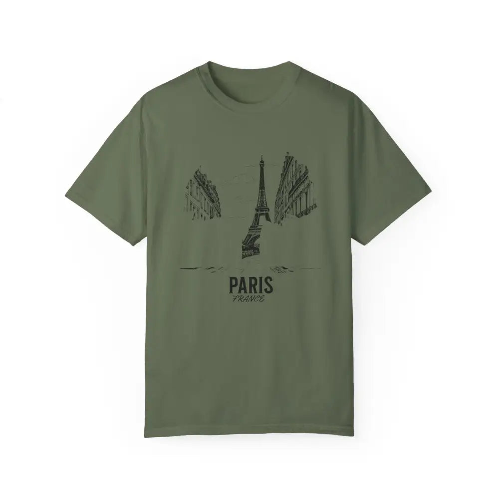 Olive green Paris France T-shirt with Eiffel Tower graphic showcasing French culture style