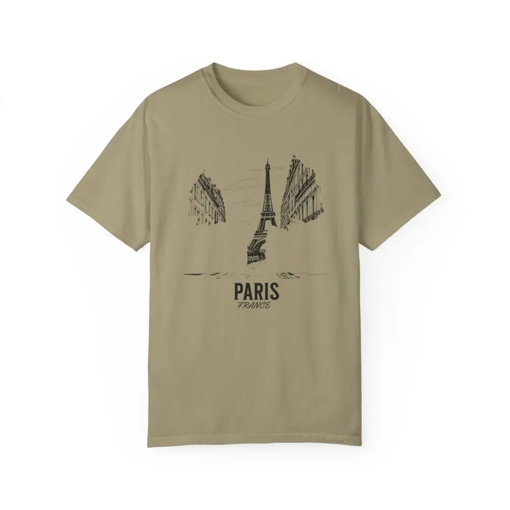 Khaki Paris France T-Shirt with Eiffel Tower and Parisian buildings graphic for French culture