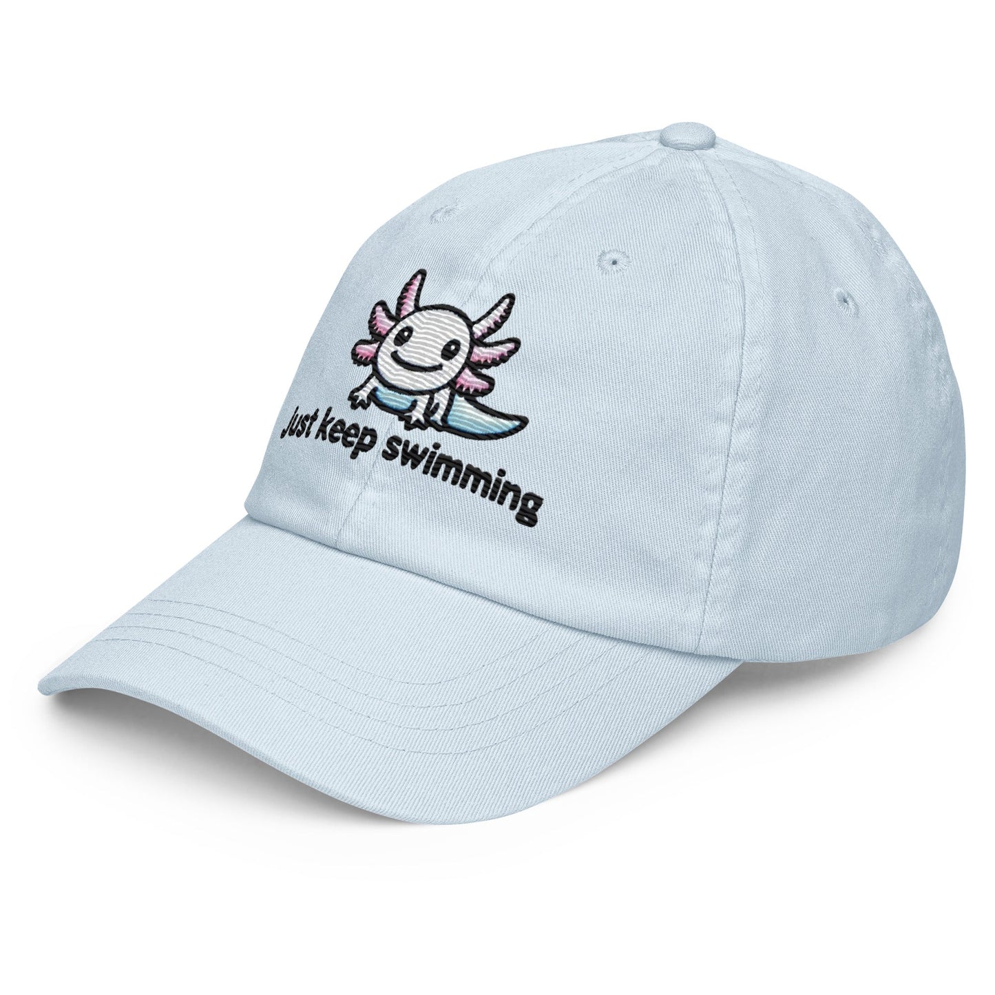 Embroidered "Axolotl Just Keep Swimming" Pastel Baseball Hat