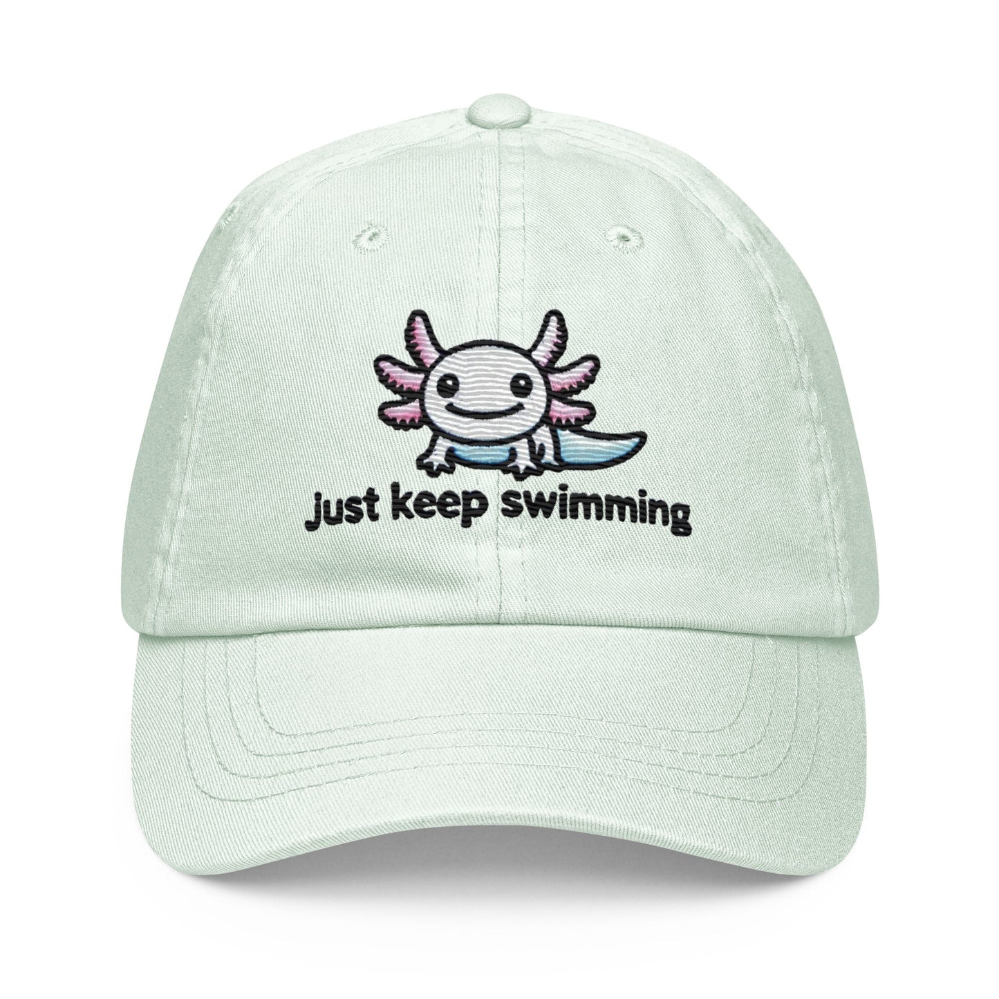 Embroidered "Axolotl Just Keep Swimming" Pastel Baseball Hat