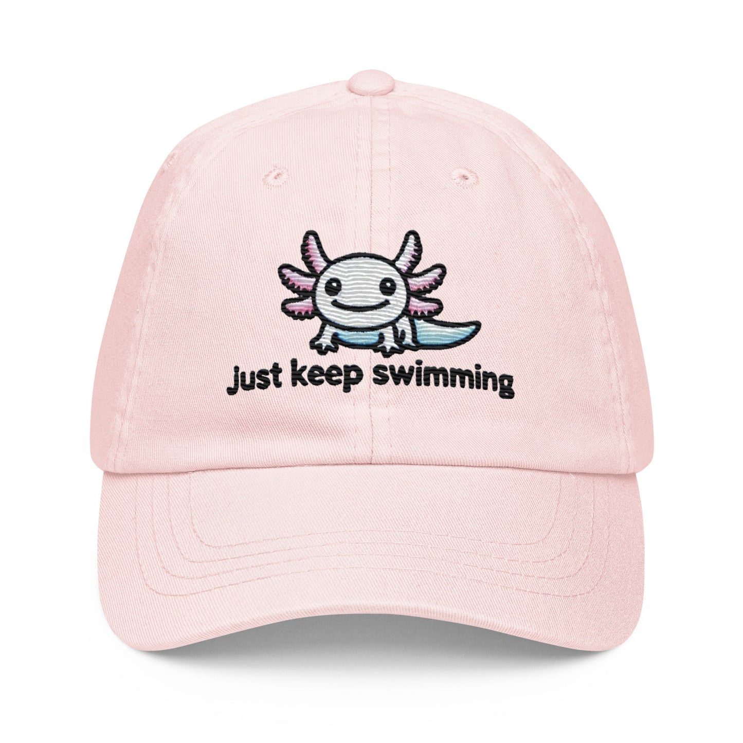 Embroidered "Axolotl Just Keep Swimming" Pastel Baseball Hat