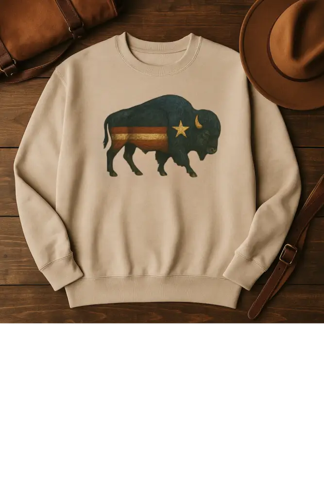 Patriotic bison graphic crewneck sweatshirt in beige with buffalo print