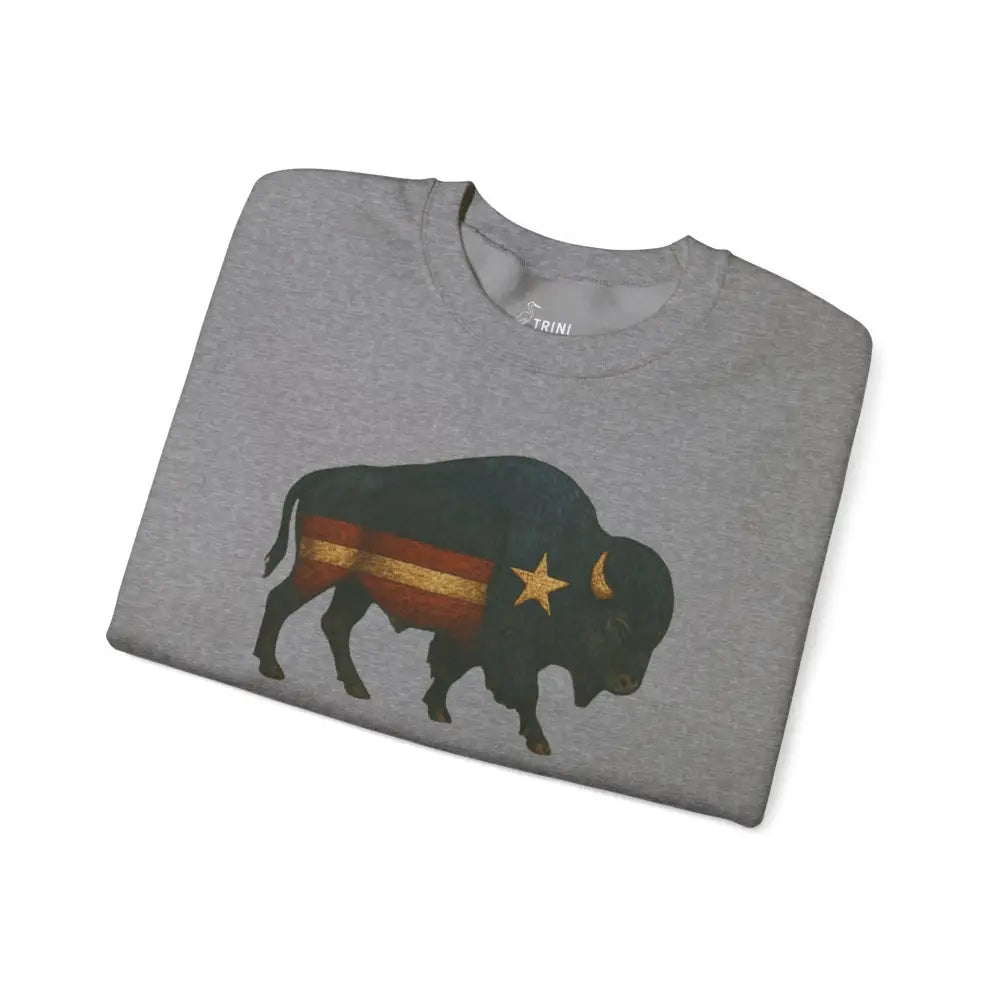 Patriotic gray bison graphic t-shirt with red stripes and gold star